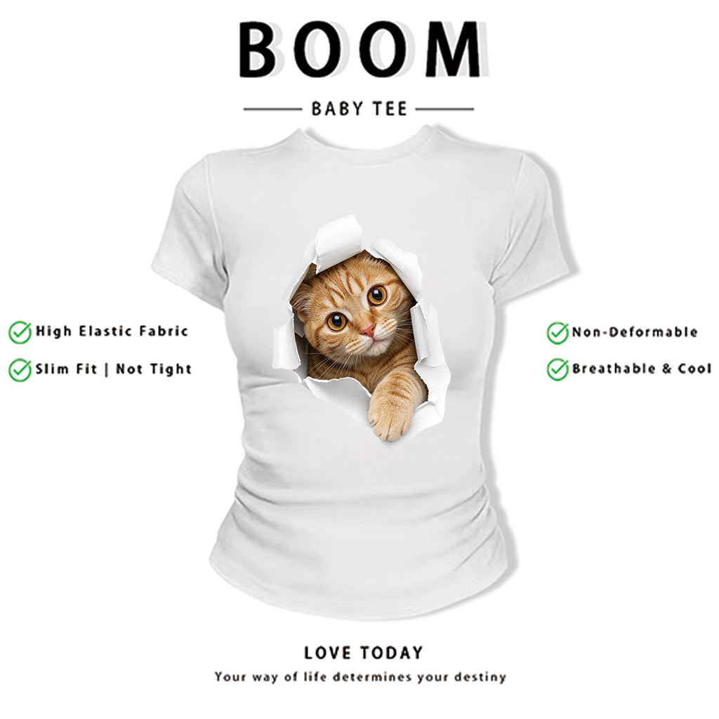 BOOM Áo Baby Tee Nữ Cotton Ôm Body-Áo Thun Ngắn Tay Y2K In Hình PhongCách Mùa Hè, Cổ Tròn Hàng Đầucách hàn quốc phong&63