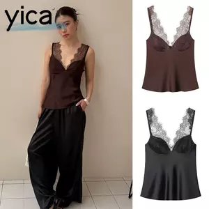 Áo hai dây ren YICA, Áo ba lỗ nữ gợi cảm cổ chữ V, Áo hai dây thường ngày Satin đa năng thời trang dành cho nữ