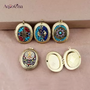 AqToCna Đồng Thau Mặt Dây Chuyền Hộp Ảnh Mặt Dây Chuyền Phong Cách Dân Tộc Nepal Handmade Lớp Phủ Mặt Dây Chuyền Hình Bầu Dục Tinh Tế Phụ Kiện Nelace AqToCna