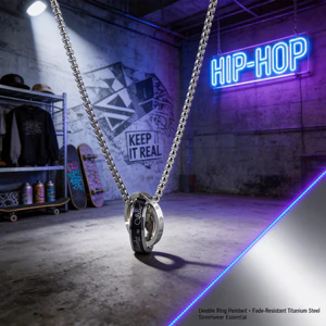 Vòng cổ đôi bằng thép titan Unisex - Mặt dây chuyền vòng đôi Dây chuyền dày - Chống phai màu Hip-hop thông thường