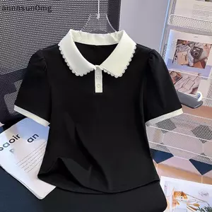 AA Hàn Quốc Màu Sắc Tương Phản Ren Viền Ve Áo Ngắn Tay Đa Năng Áo Thun Nữ VN