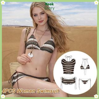 Đồ bơi nữ NOOKSTORY, Vintage Tie Chi tiết Bikini đi biển, Thời trang Flattering Sọc 4 mảnh Bikini Set Đi biển Kỳ nghỉ