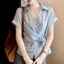 Áo sơ mi ngắn tay cổ chữ V viền ren trắng dành cho nữ, áo thun thời trang mới mùa hè dành cho nữ