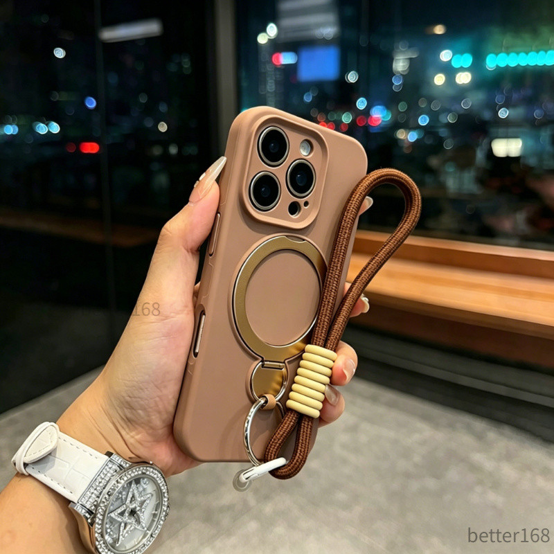 Ốp lưng điện thoại cao cấp mịn vòng nam châm đế đỡ dây tay cho iPhone 13 14 15 16 17 Pro Max chống xước dễ vệ sinh nữ