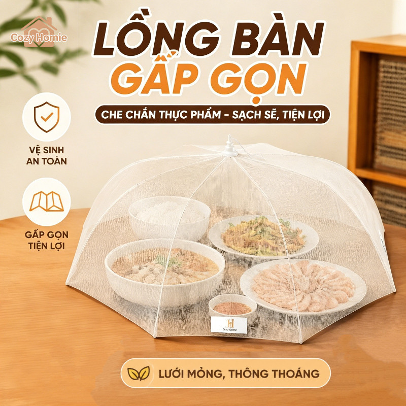 Nắp đậy thực phẩm gấp gọn, thoáng khí, làm từ PVC dễ lau chùi, có hình tròn và hình vuông, giúp bảo vệ thực phẩm.