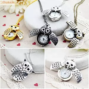 Đồng hồ treo vòng cổ OUSXA, Đồng hồ bỏ túi móc khóa hoạt hình nhỏ, Phong cách lật Cú dễ thương trên dây chuyền Đồng hồ trẻ em Mặc hàng ngày