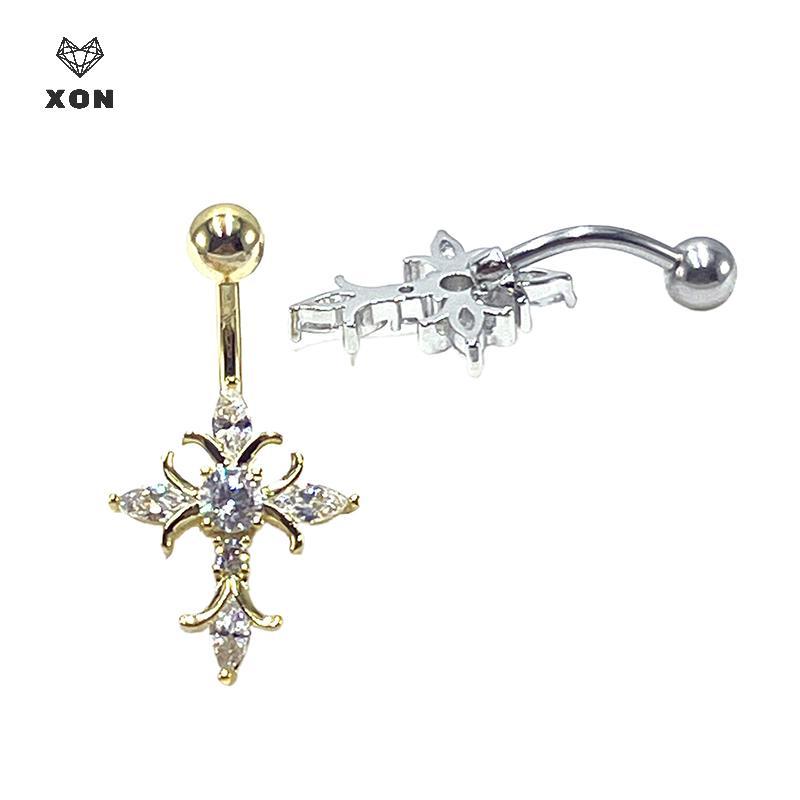 [XON] Christian Cross Rốn Piercing Trang sức 14G Titan Barbell Người phụ nữ Phụ kiện tôn giáo Nhẫn nút bụng màu bạc vàng [Mina]