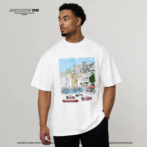 Áo thun Cotton ngắn tay dáng rộng mùa hè graffiti in phong cảnh 100% cao cấp 200GSM nam nữ