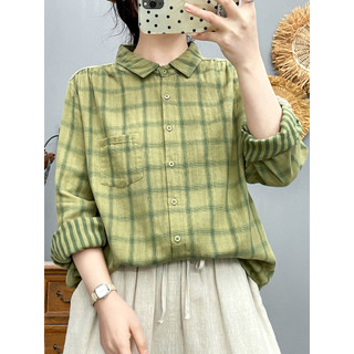 [Hàng có sẵn] Áo sơ mi nữ 100% Cotton chất lượng cao Kẻ sọc dài tay mềm mại thân thiện với da và thoáng khí Áo nhuộm hai mặt dáng rộng đa năng