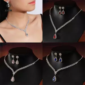 1 Bộ Bông Tai Nelace Cô Dâu Hình Giọt Nước Kim Cương Giả Trang Sức Phong Cách Lấp Lánh Bộ Trang Sức Cho Quà Tặng Tiệc Cưới [Mina]