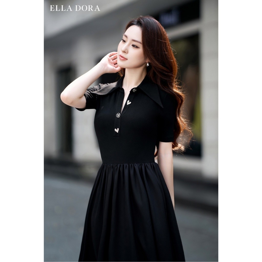 Đầm công sở nữ ELLA DORA cổ sơ mi 4 cúc đồng form ôm dáng dài hiện đại dễ mặc 4 mùa màu ĐEN [D249]