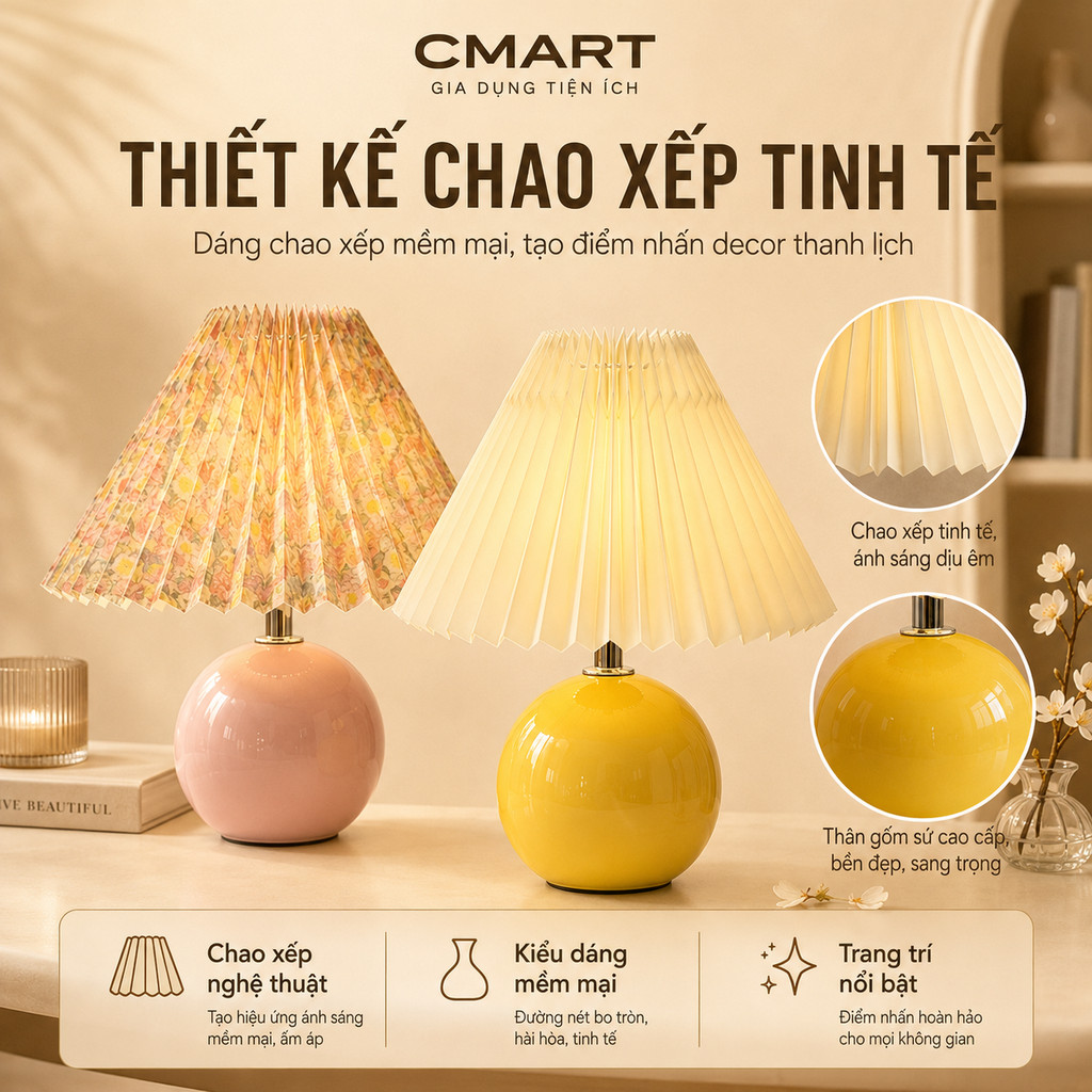 𝐂𝐌𝐀𝐑𝐓.𝐆𝐢𝐚 𝐝𝐮̣𝐧𝐠 Đèn Ngủ Để Bàn Thân Tròn Lồng Xếp Ly Phong Cách Bắc Âu CM12 [CMART GIA DỤNG TIỆN ÍCH] | BigBuy360 - bigbuy360.vn