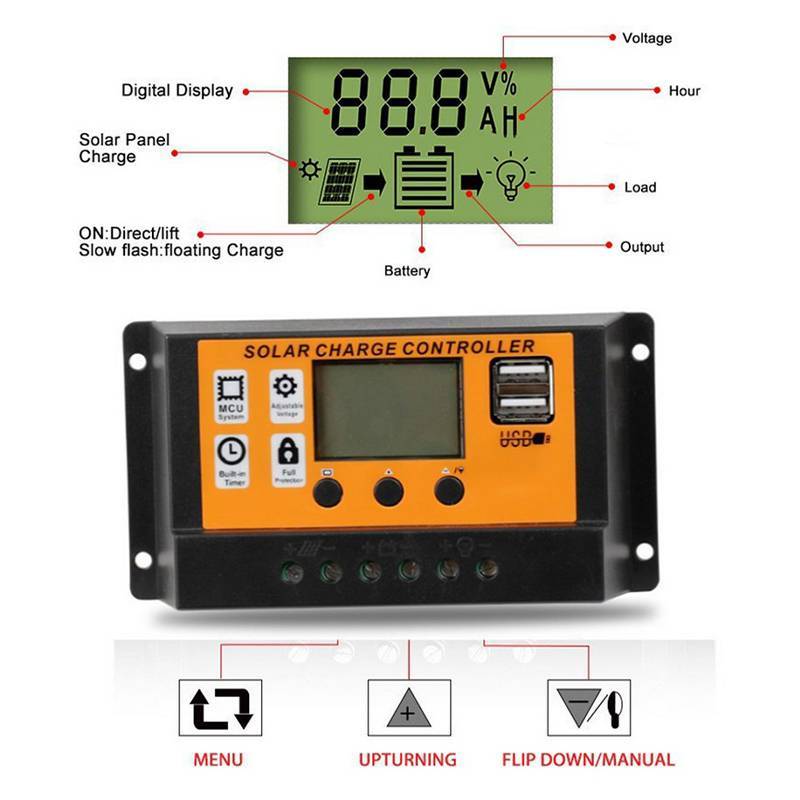 Bộ điều khiển năng lượng mặt trời LCD MUQV 12V / 24V 30A 20A 10A Bộ điều chỉnh sạc năng lượng mặt trời Bộ sạc pin PWM Màn hình LCD USB kép 5V 2.5A Đầu ra MOS n