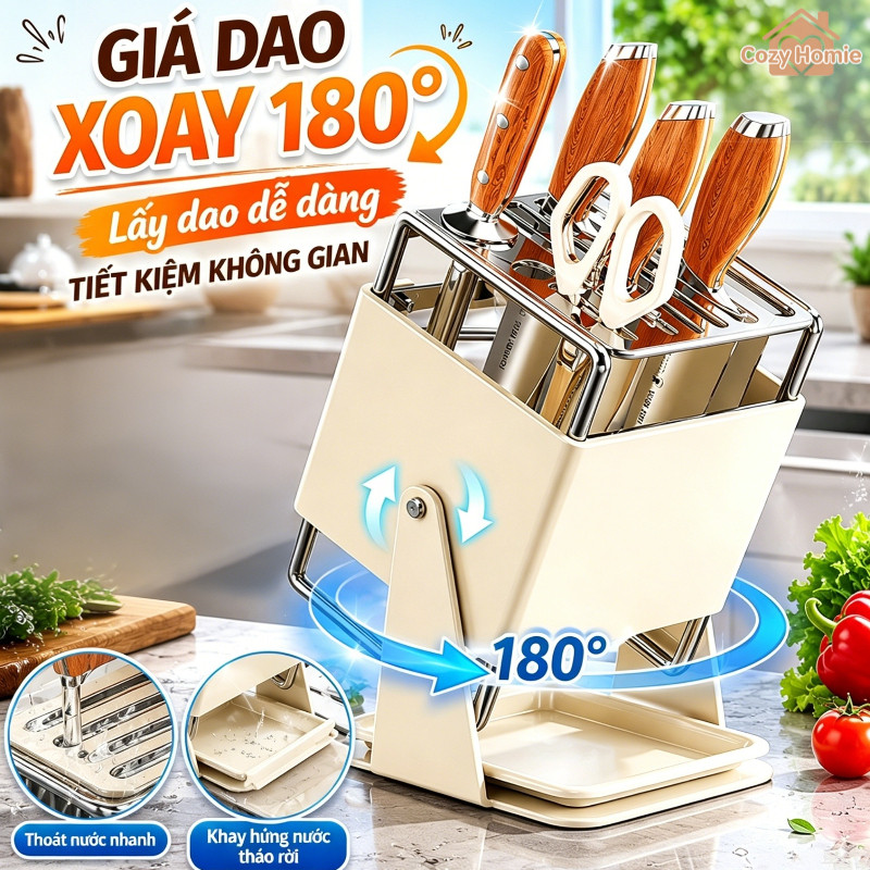 Giá Để Dao xoay linh hoạt khay hứng nước thép không gỉ tiết kiệm không gian bền lâu màu trắng xám