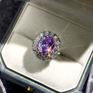 Châu Âu Mỹ ins Phong Cách Mới Hình Bầu Dục Tím Kim Cương Kẻ Sọc Zircon Mở Nhẫn Nữ