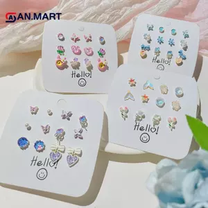 AN.MART 1 Bộ Dễ Thương Nhiều Màu Sắc Sáng Bóng Đá Trái Tim Hình Bướm Bông Tai Dành Cho Nữ Bé Gái Bông Tai Thời Trang Trang Trang Sức Dự Tiệc Quà Tặng VN