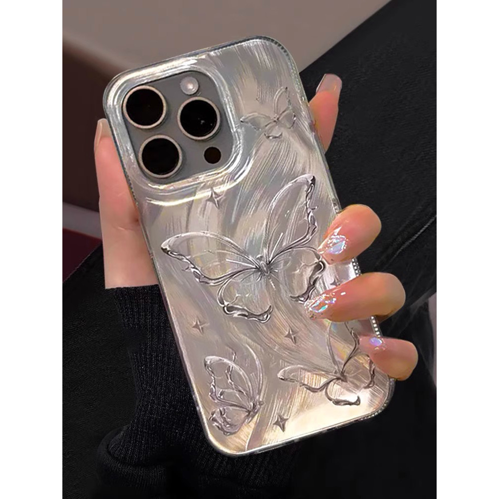 Ốp lưng bướm bạc cao cấp phong xuân cho iPhone 17/16/15/14Vỏ lông vũ