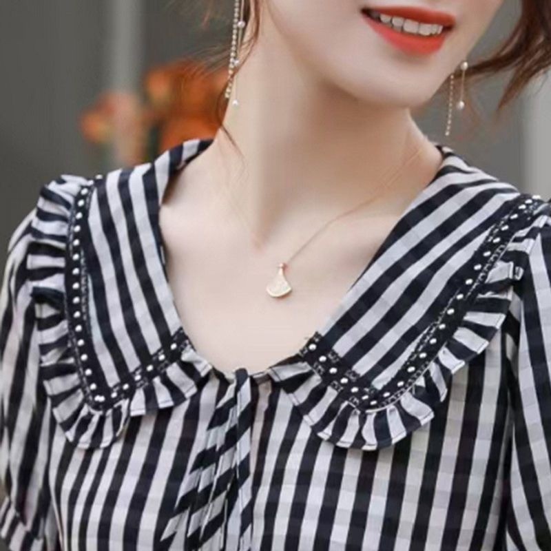 Áo thun voan đẹp và thời trang mùa hè mới phiên bản Hàn Quốc dáng rộng kẻ sọc cổ điển dành cho nữ