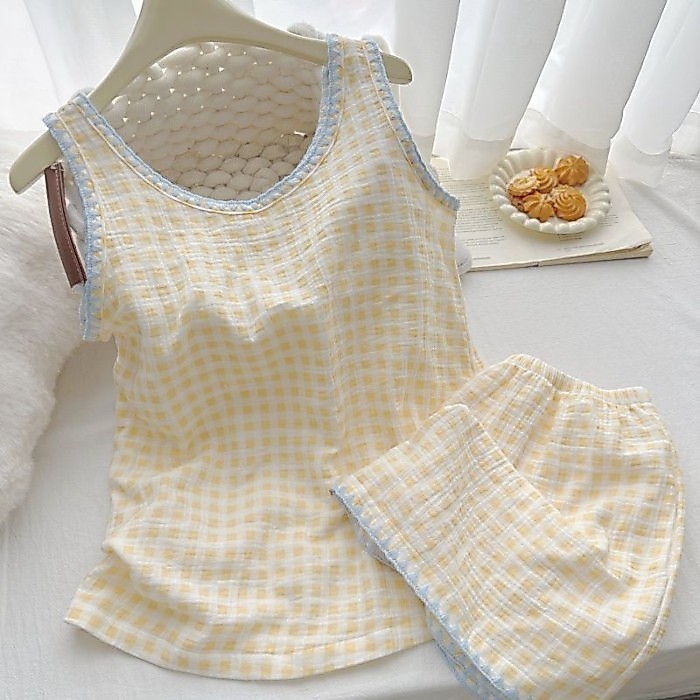 đơn giản viền xanh kem kẻ sọc vàng quần short không tay Bộ đồ ngủ nữ mùa hè Cloud cotton bé g