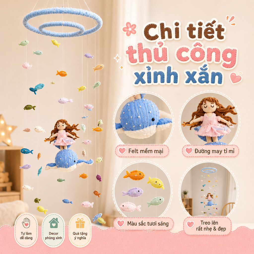 Bộ DIY Chuông Gió Cá Voi Len Bông – Treo Trang Trí Cửa Sổ, Quà Tặng Handmade, Kèm Video Hướng Dẫn