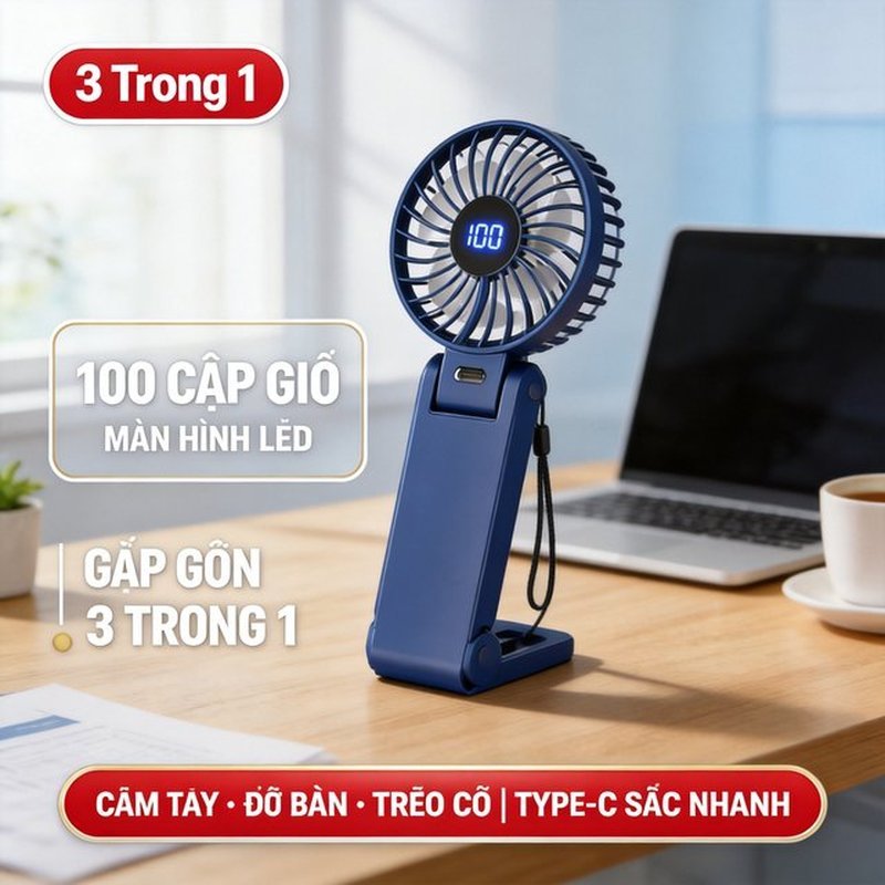 Cầm Tay Gấp Gọn 3 Trong 1 Quạt Mini 100 Cấp Độ Gió Màn Hình LED Gấp Gọn Để Bàn Treo Cổ Đa Năng Sạc Type-C Pin Trâu Đi Làm Đi Học Du Lịch