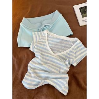 Phong Cách Lười Slim-fit Sọc Bộ Đồ Ngủ Ngắn Tay Nữ 2026 Phiên Bản Hàn Quốc Quần Short Thoải Mái Thường Ngày Loungewear Hai Bộ Đồ 0606