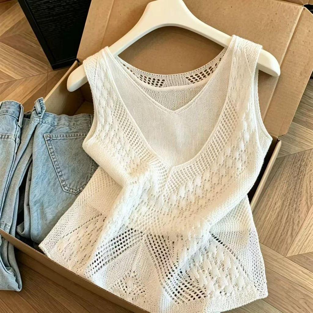 [Khuyến mãi trong thời gian có hạn] Áo Vest dệt kim hai mảnh rỗng cổ chữ V Phiên bản mỏng nhẹ nhàng phiên bản mùa hè được xếp lớp bên trong