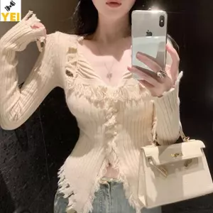 < YEI > Áo len dệt kim mỏng viền thô thu đông V-ne dài tay không đều sang trọng dành cho nữ Mới