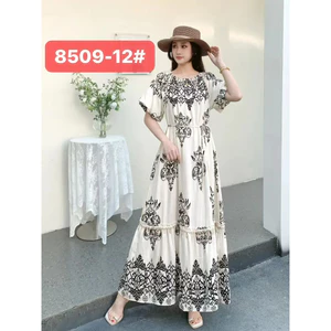 Đầm mùa hè in hoa lệch vai phong cách Bohemian VN dành cho nữ, dáng rộng vừa vặn, sửa đổi hình dáng cơ thể, che khuyết điểm, chất liệu mát mẻ, thích hợp cho kỳ nghỉ bên bờ biển 8509