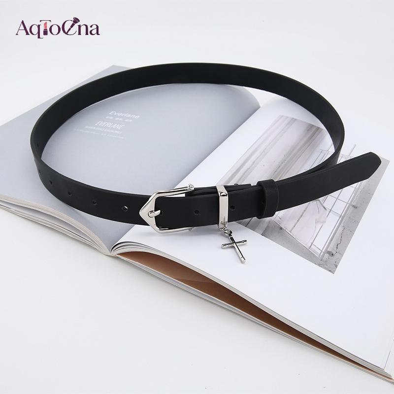 AqToCna Punk Chữ Thập Mặt Dây Jean Quần Thắt Lưng Thời Trang Retro Nam Nữ Dây Thắt Lưng Da PU Kim Loại Pin Bule Hip Hop Dây Thắt Lưng AqToCna