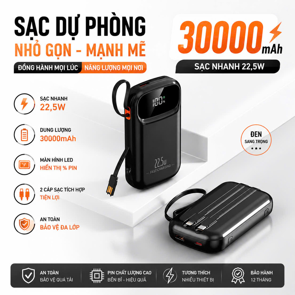 Sạc Dự Phòng 30000mAh Sạc Nhanh PD 22.5W/20W Tích Hợp Dây Type-C & LN 2 Cổng USB-C/USB Tiện Dụng