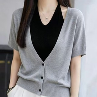 Size Lớn Phong Cách Hàn Quốc Rời Dệt Kim Tay Ngắn Nữ Đơn Giản Đi Lại Ngày Lễ Hai Mảnh Dây Màu Xám Mùa Hè T