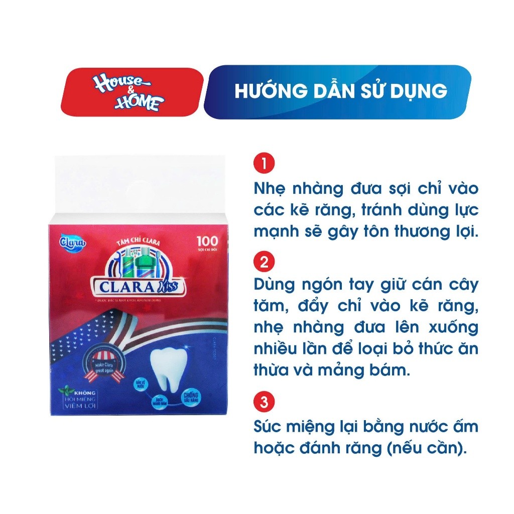 Tăm Chỉ Nha Khoa Clara Kiss Hộp 100 Cái TCNK001, Làm Sạch Kẽ Răng, Sợi Chỉ Kép Bền, Bảo Vệ Nướu Cho Bé Hàng Chính Hãng