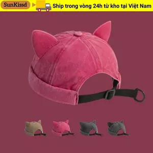 Mũ trùm đầu tai mèo SUNKISSD, Mũ không vành màu trơn có thể điều chỉnh, Mũ beanie thoáng khí Unisex cũ giặt thời trang dành cho nữ