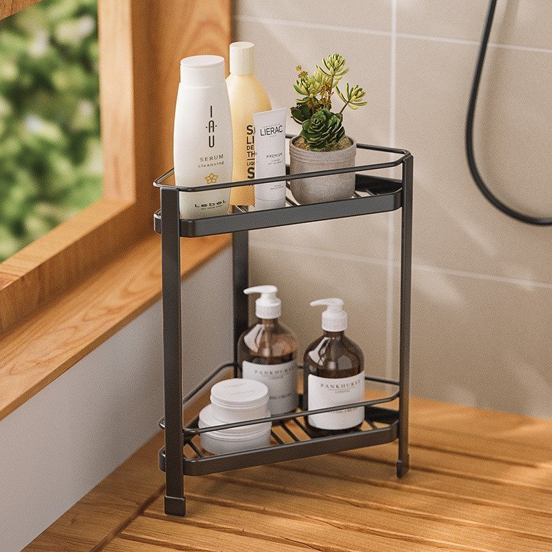 kệ góc nhà tắm 2 tầng tam giác đặt sàn chống gỉ thoát nước đựng dầu gội gia vị tiết kiệm