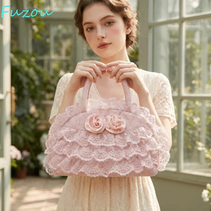 Túi xách ren xù FUJIZOU, Chất liệu Polyester Túi vải 3D hoa hồng Lolita, Tay cầm vòm nhiều lớp hoàn hảo có dây kéo Đóng túi Tote nhỏ du lịch