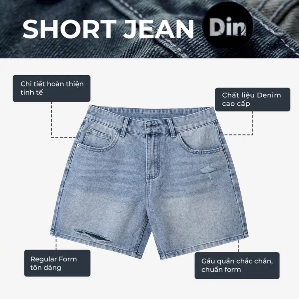 Quần Short Jean Nam DIN, Quần Bò Form Rộng Wash Xanh Chất Cotton Mềm Mịn, Dễ Mặc Dễ Phối Không Phai Màu JD749