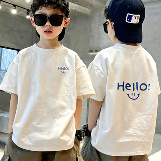 Áo thun bé trai ngắn tay in chữ Hello và cười, cotton mềm thoáng khí, thời trang cho bé đi học đi chơi