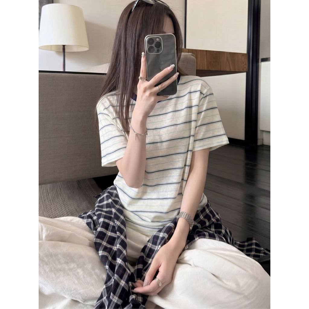 SUXI Áo thun ngắn tay sọc giản dị nhẹ nhàng dành cho nữ mùa hè mới 260523