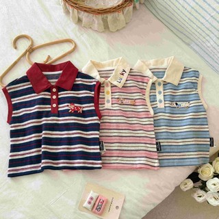 Áo Sơ Mi POLO Sọc Bé Gái Thời Trang Trẻ Em Hoạt Hình Ve Áo Dễ Thương Không Tay Top