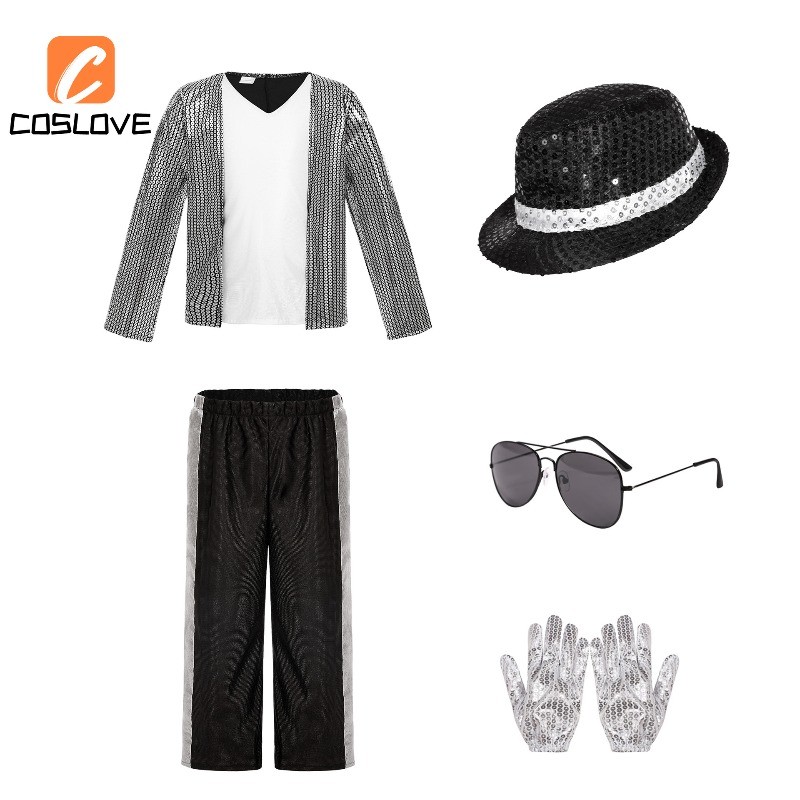 Trẻ Em Micheal Jackson Bạc Lót Áo Cosplay Quần Áo Trọn Bộ Trang Phục Trang Phục Cho Bé Trai Biểu Diễn Sân Khấu Cosplay