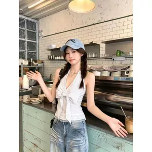 Áo sơ mi sọc nơ mùa hè Phong cách Hàn Quốc Phong cách mới Ren lưng đẹp eo hẹp Áo sơ mi nhỏ không tay