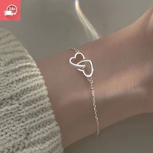 Phong cách Hàn Quốc khí chất thời trang rỗng đôi hình trái tim bạc cá tính Vòng tay nữ đa năng