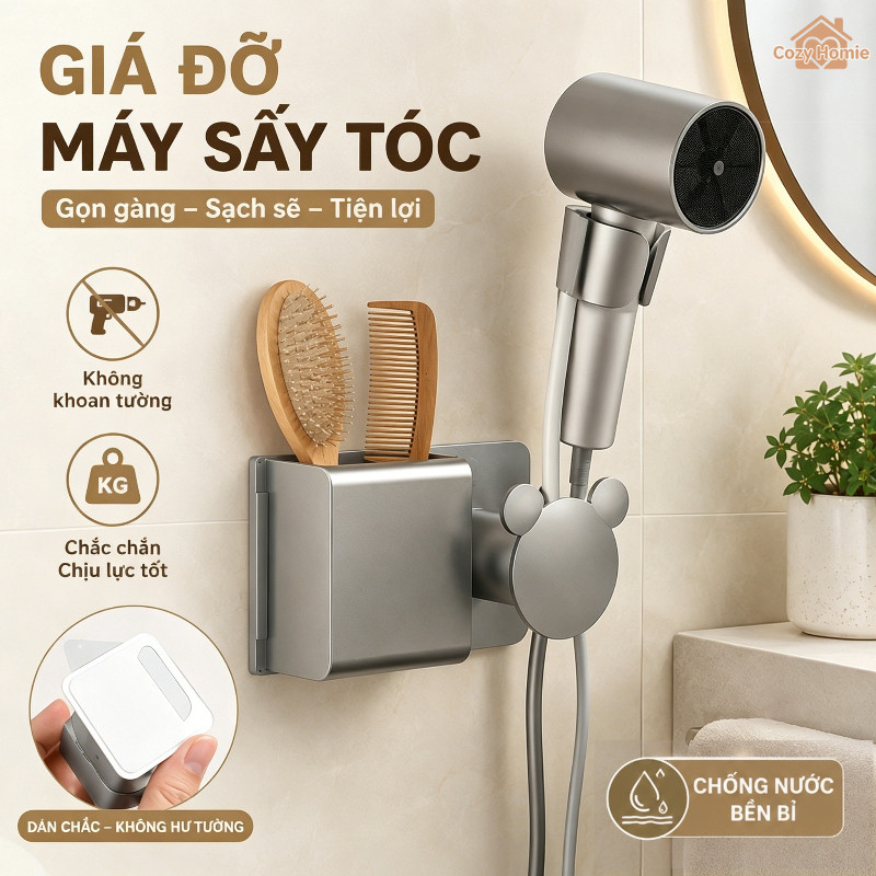Giá treo máy sấy tóc treo tường Nhựa ABS cao cấp chống gỉ 360 độ xoay tiết kiệm không gian phòng tắm