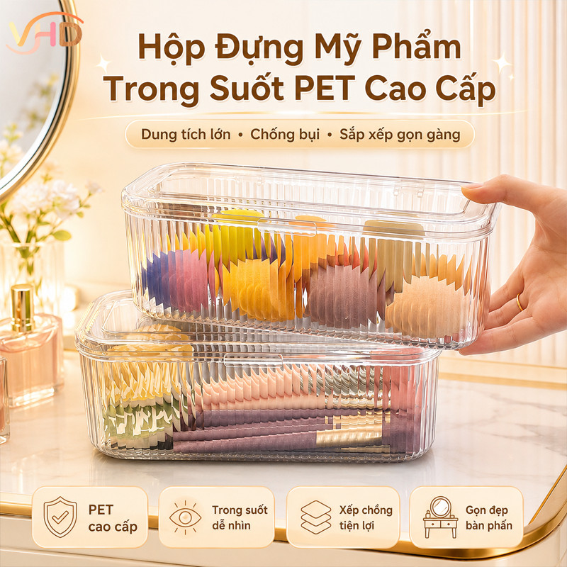 Hộp Đựng Đồ Trang Điểm Trong Suốt Bằng PET Cao Cấp – Dung Tích Lớn, Chống Bụi, Giải Pháp Sắp Xếp Gọn Gàng Cho Bàn Phấn