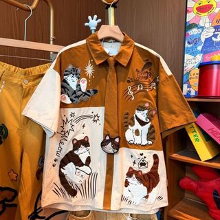 Mèo Vui Nhộn Khâu Thêu Áo Sơ Mi Tay Ngắn Hoạt Hình Hàng Hóa Phong Cách Retro Áo Thường Ngày
