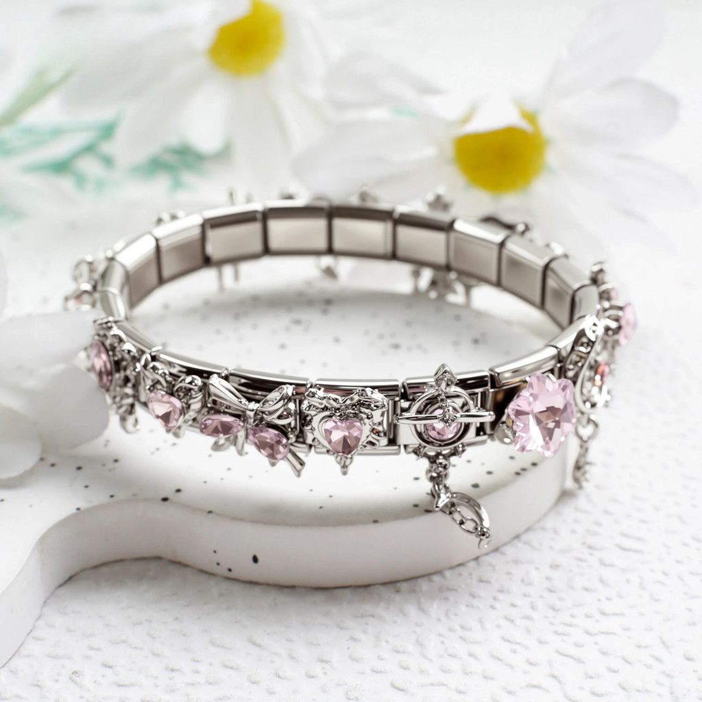 Vòng tay mô-đun Ý bằng thép không gỉ, Vòng tay DIY mặt dây chuyền Zircon màu hồng, Vòng tay quyến rũ Ý