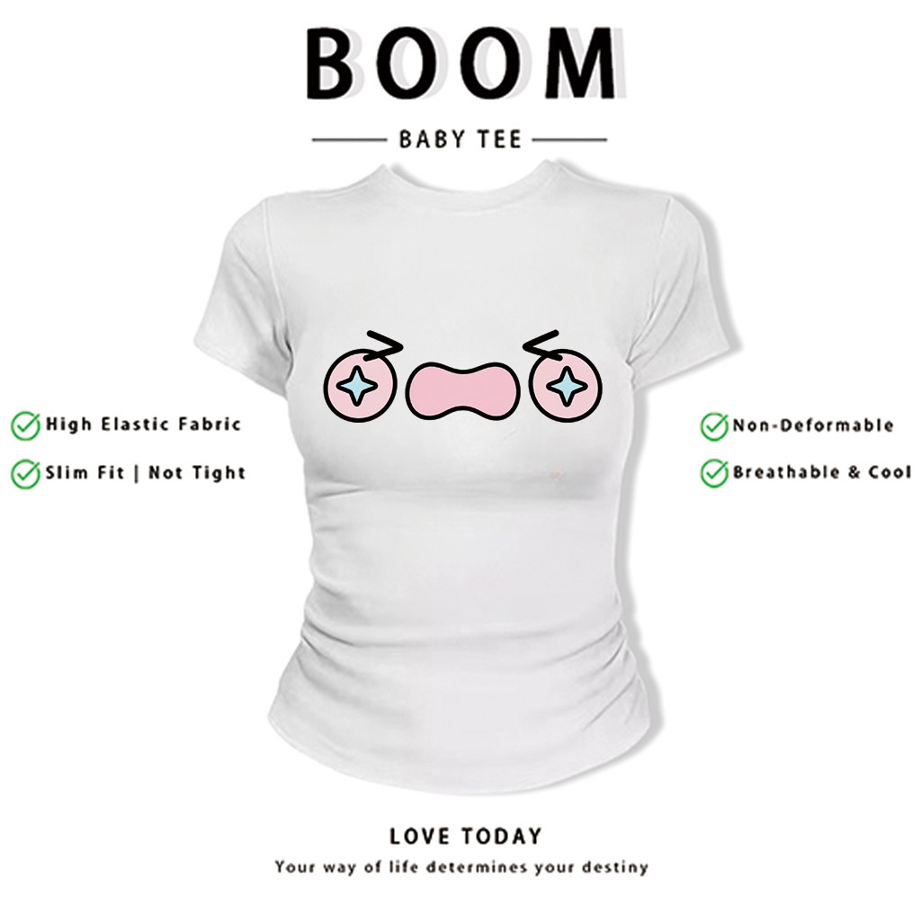 BOOM Áo Baby Tee Nữ Cotton Ôm Body-Áo Thun Ngắn Tay Y2K In Hình PhongCách Mùa Hè, Cổ Tròn Hàng Đầucách hàn quốc phong&92