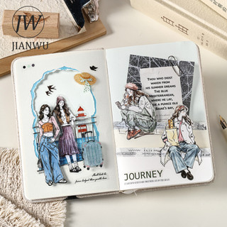 JIANWU Vintage Cô Gái Nhân Vật Phong Cảnh Chất Liệu Cắt Kéo Thêu Sò PET Miếng Dán Sáng Tạo DIY Tạp Chí Văn Phòng Phẩm