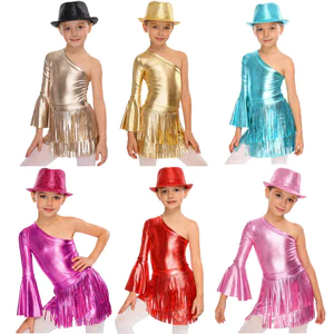 Nyeemya Trẻ Em Bé Gái 3 Miếng Trang Phục Khiêu Vũ Disco Kim Loại Bóng Xiên Vai Phải Dài loe Tay Đáy Quần Nút Áo liền quần Với Váy Viền Và Bộ Mũ Kim Sa Lấp Lánh